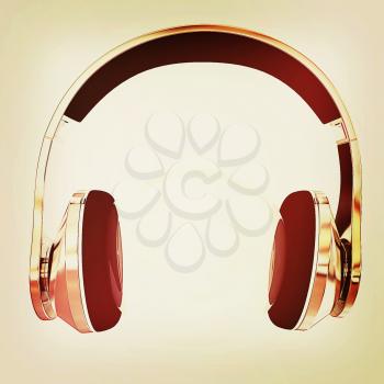 Gold headphones icon on a white background. 3D illustration. Vintage style.