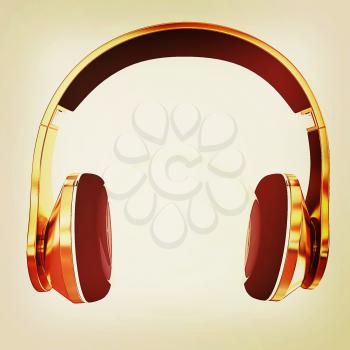 Gold headphones icon on a white background. 3D illustration. Vintage style.