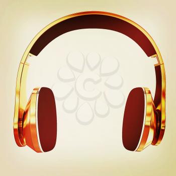 Golden headphones on a white background. 3D illustration. Vintage style.