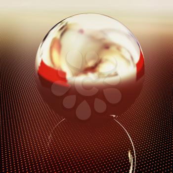Chrome ball on light path to infinity. 3d render . 3D illustration. Vintage style.