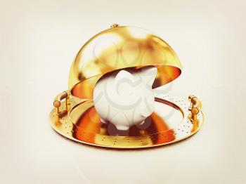 Glossy golden salver dish with piggy bank under a golden cover on a white background. 3D illustration. Vintage style.