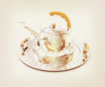 Chrome teapot on platter on a white background. 3D illustration. Vintage style.