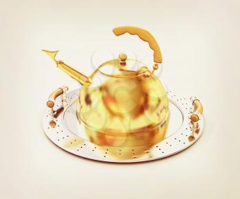 Gold teapot on platter on a white background. 3D illustration. Vintage style.