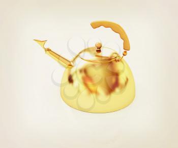 Glossy golden kettle on a white background. 3D illustration. Vintage style.