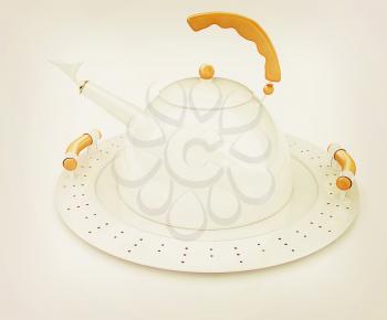 Teapot on a platter on a white background. 3D illustration. Vintage style.