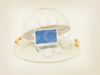 Restaurant cloche and laptop with open lid on a white background. 3D illustration. Vintage style.