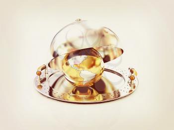 Earth globe on glossy salver dish under a cover on a white background. 3D illustration. Vintage style.