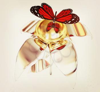 Red butterflys on a chrome flower with a gold head on a white background . 3D illustration. Vintage style.