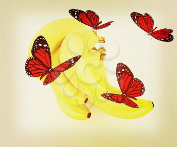 Red butterflys on a bananas on a white background . 3D illustration. Vintage style.