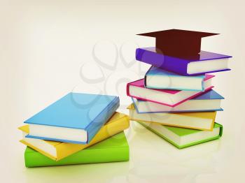 Graduation hat with books on a white background. 3D illustration. Vintage style.