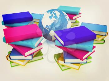 Colorful books and earth on a white background. 3D illustration. Vintage style.