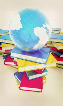 Colorful books and earth on a white background. 3D illustration. Vintage style.