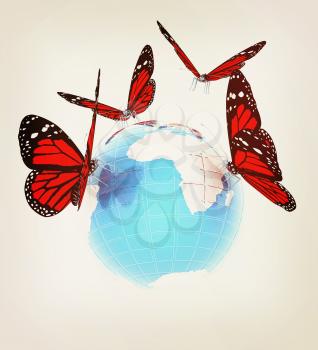 Red butterfly on a abstract blue earth on a white background. 3D illustration. Vintage style.