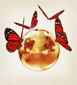 Red butterfly on a abstract 3d gold sphere on a white background. 3D illustration. Vintage style.