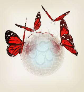 Red butterfly on abstract 3d sphere with blue mosaic design on a white background. 3D illustration. Vintage style.