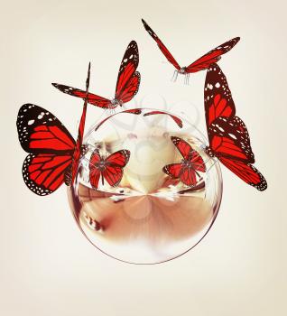 Red butterfly on a chrome reflective sphere on a white background. 3D illustration. Vintage style.