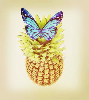 Blue butterflys on a pineapple on a white background . 3D illustration. Vintage style.