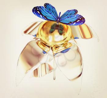 Blue butterflys on a chrome flower with a gold head on a white background . 3D illustration. Vintage style.