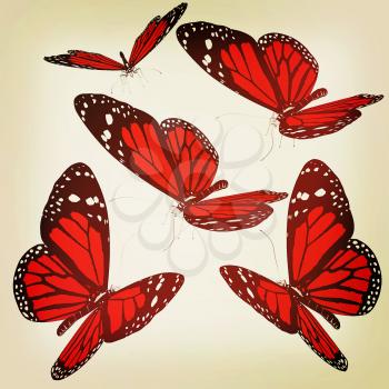 Butterflies on a white background. 3D illustration. Vintage style.