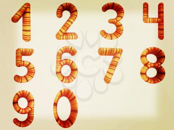 Wooden numbers set on a white background. 3D illustration. Vintage style.