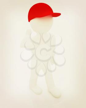3d man in a red peaked cap with thumb up on a white background. 3D illustration. Vintage style.