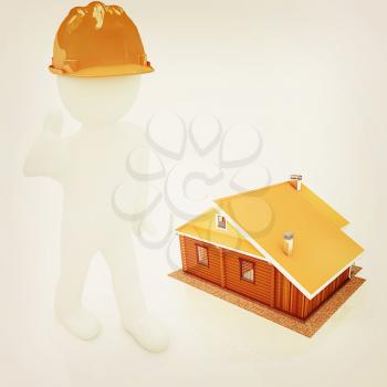 3d architect in a hard hat with thumb up with real plans. 3d image. Isolated white background. . 3D illustration. Vintage style.