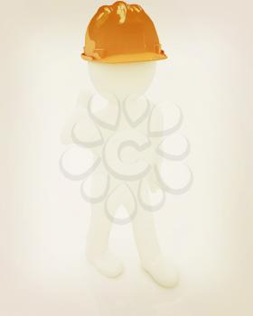 3d man in a hard hat with thumb up on a white background. 3D illustration. Vintage style.