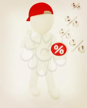 Best percent! 3d man in a red peaked cap keeps the most beneficial interest! On a white background. 3D illustration. Vintage style.