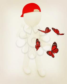 3d man in a red peaked cap with thumb up and butterflies on a white background. 3D illustration. Vintage style.