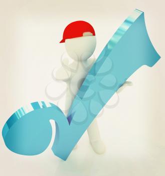 3d man in a red peaked cap with thumb up and a huge tick on a white background. 3D illustration. Vintage style.
