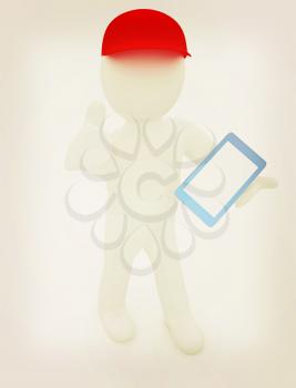 3d white man in a red peaked cap with thumb up and tablet pc on a white background. 3D illustration. Vintage style.