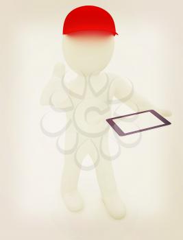 3d white man in a red peaked cap with thumb up and tablet pc on a white background. 3D illustration. Vintage style.