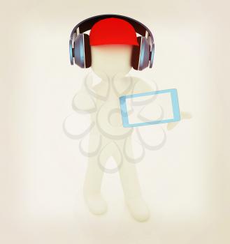 3d white man in a red peaked cap with thumb up, tablet pc and headphones on a white background. 3D illustration. Vintage style.