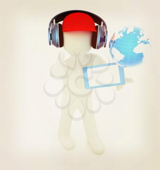 3d white man in a red peaked cap with thumb up, tablet pc and headphones. Global concept with blue earth . 3D illustration. Vintage style.