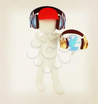 3d white man in a red peaked cap with thumb up, tablet pc and headphones. Global concept with blue earth . 3D illustration. Vintage style.