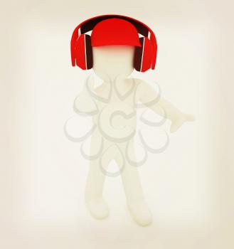 3d white man in a red peaked cap with thumb up and headphones on a white background. 3D illustration. Vintage style.