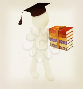 3d white man in a red peaked cap with thumb up and useful books - best gift a student on a white background. 3D illustration. Vintage style.