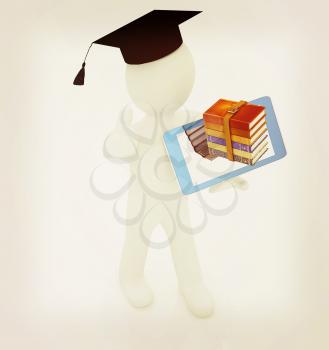 3d white man in a grad hat with thumb up,books and tablet pc - best gift a student on a white background. 3D illustration. Vintage style.