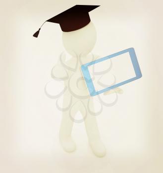 3d white man in a grad hat with thumb up and tablet pc - best gift a student on a white background. 3D illustration. Vintage style.