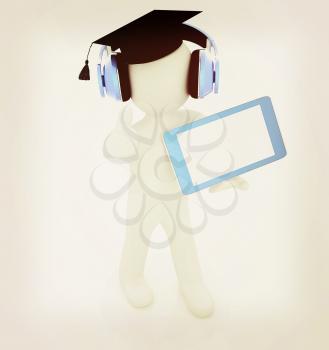 3d white man in a grad hat with thumb up, headphone and tablet pc - best gift a student on a white background. 3D illustration. Vintage style.