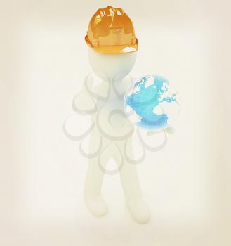 3d man in a hard hat with thumb up presents concept: My company is building worldwide on a white background. 3D illustration. Vintage style.