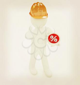 3d man in a hard hat with thumb up presents best percent on a white background. 3D illustration. Vintage style.