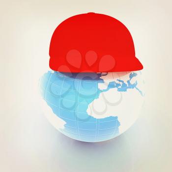 Earth in a red peaked cap. 3d icon. Concept: Summer Holidays and travel on a white background. 3D illustration. Vintage style.