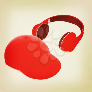 cap and headphones on a white background. 3D illustration. Vintage style.