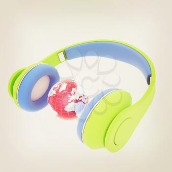 3d icon of colorful headphones and earth isolated on white background . 3D illustration. Vintage style.