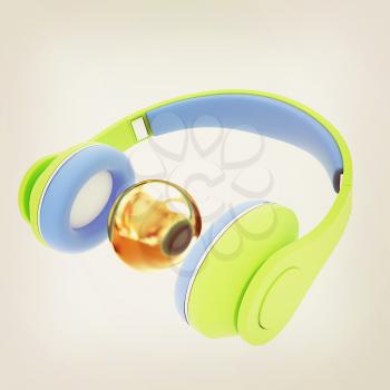 3d icon of colorful headphones and gold ball isolated on white background . 3D illustration. Vintage style.