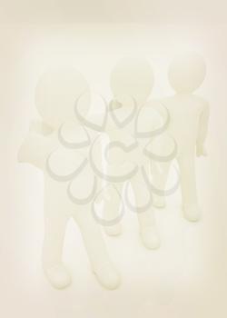 3d man with thumb up and 3d mans stand arms around each other on a white background. 3D illustration. Vintage style.