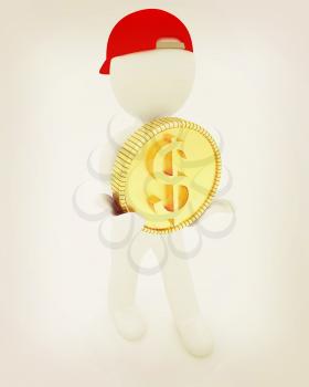 3d small man with gold dollar coin on a white background. 3D illustration. Vintage style.