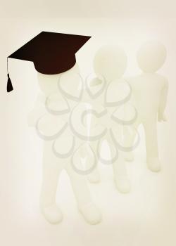 3d man in a graduation Cap with thumb up and 3d mans stand arms around each other on a white background. 3D illustration. Vintage style.