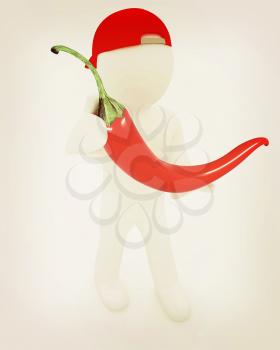 3d man with chili pepper on a white background . 3D illustration. Vintage style.